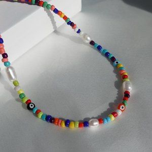 Rainbow bead necklace evil eye fresh water pearl bead necklace summer necklace